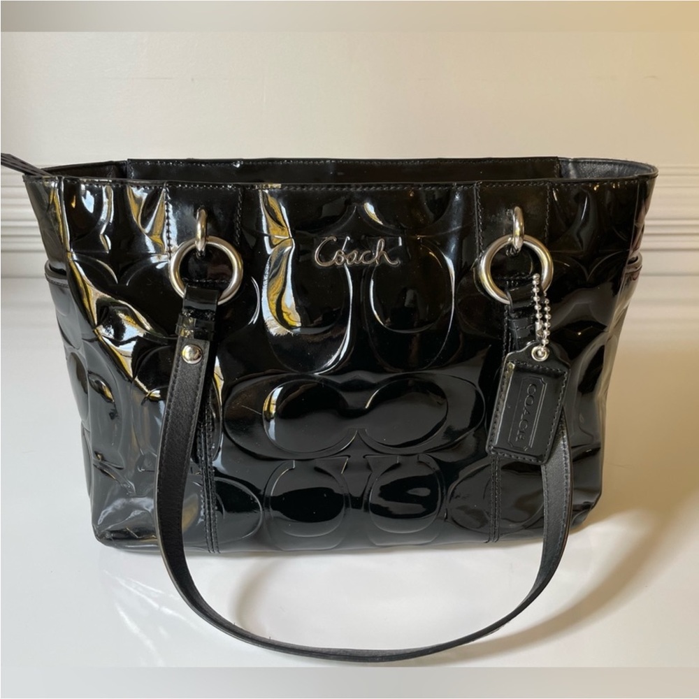 Coach Black Patent Tote with Signature Embossing
